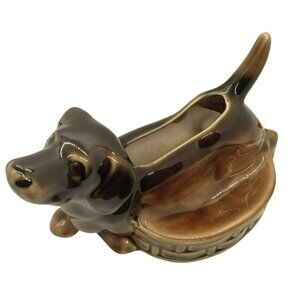 VTG Brown Ceramic Dachshund Planter Kitsch Figurine Dog Shaped Pot Mid-Century